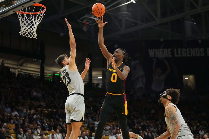 Feb 8, 2024; Boulder, Colorado, USA; Arizona State Sun Devils guard Kamari Lands (0) shoots over Colorado Buffaloes forward Tristan da Silva (23) in the first half at the CU Events Center. Mandatory Credit: Ron Chenoy-USA TODAY Sports