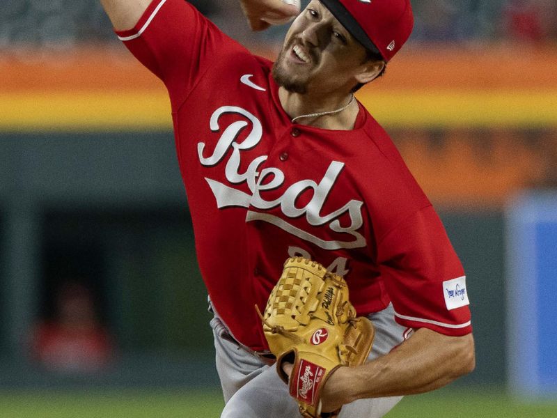 Sep 13, 2023; Detroit, Michigan, USA; Cincinnati Reds starting pitcher Connor Phillips (34) throws in the fourth inning against the Detroit Tigers at Comerica Park. Mandatory Credit: David Reginek-USA TODAY Sports