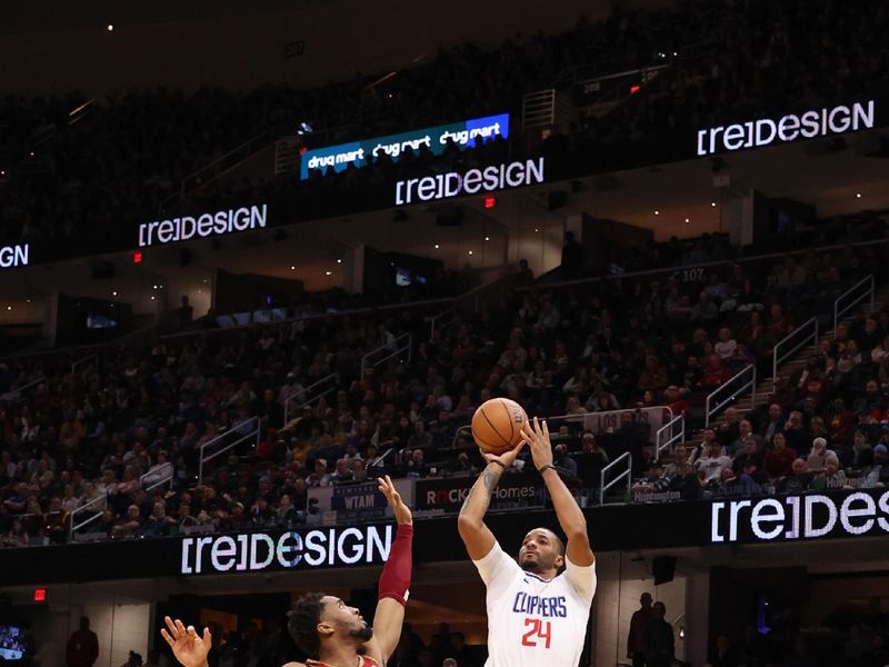 CLEVELAND, OH - JANUARY 29:  Norman Powell #24 of the LA Clippers shoots the ball during the game  on January 29, 2024 at Rocket Mortgage FieldHouse in Cleveland, Ohio. NOTE TO USER: User expressly acknowledges and agrees that, by downloading and/or using this Photograph, user is consenting to the terms and conditions of the Getty Images License Agreement. Mandatory Copyright Notice: Copyright 2024 NBAE (Photo by  Lauren Leigh Bacho/NBAE via Getty Images)