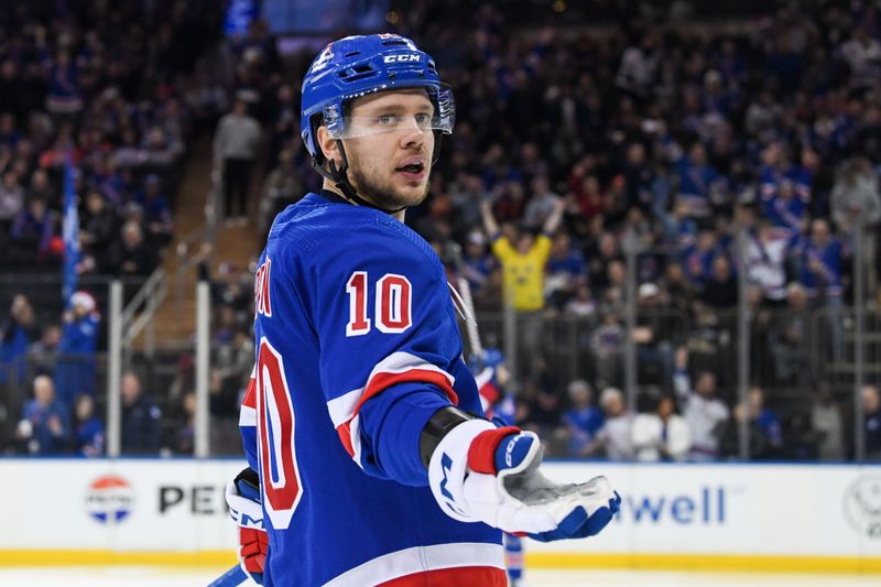 Dec 22, 2023; New York, New York, USA;  New York Rangers left wing Artemi Panarin (10) upset with the no goal call against the Edmonton Oilers during the second period at Madison Square Garden. Mandatory Credit: Dennis Schneidler-USA TODAY Sports