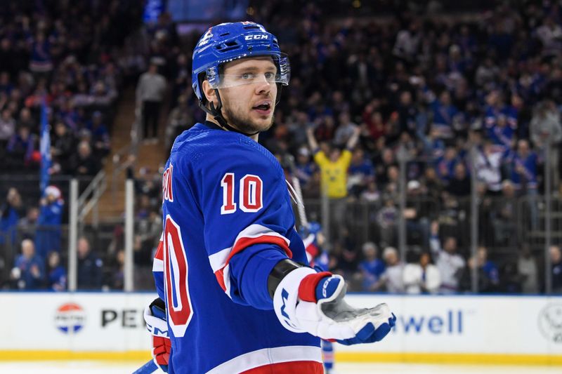 Dec 22, 2023; New York, New York, USA;  New York Rangers left wing Artemi Panarin (10) upset with the no goal call against the Edmonton Oilers during the second period at Madison Square Garden. Mandatory Credit: Dennis Schneidler-USA TODAY Sports