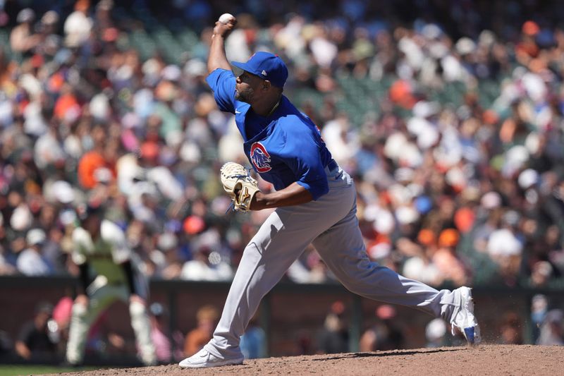 Jun 27, 2024; San Francisco, California, USA; Chicago Cubs relief pitcher Hector Neris (51) throws a pitch against the San Francisco Giants during the ninth inning at Oracle Park. Mandatory Credit: Darren Yamashita-USA TODAY Sports