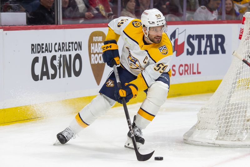 Jan 29, 2024; Ottawa, Ontario, CAN; Nashville Predators defenseman Roman Josi (59) skates with the puck in the second period against the Ottawa Senators at the Canadian Tire Centre. Mandatory Credit: Marc DesRosiers-USA TODAY Sports