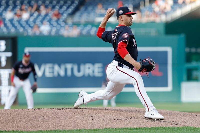 Apr 24, 2025; Washington, District of Columbia, USA; Washington Nationals starting pitcher MacKenzie Gore (1) pitches against the Baltimore Orioles during the first inning at Nationals Park. Mandatory Credit: Geoff Burke-Imagn Images