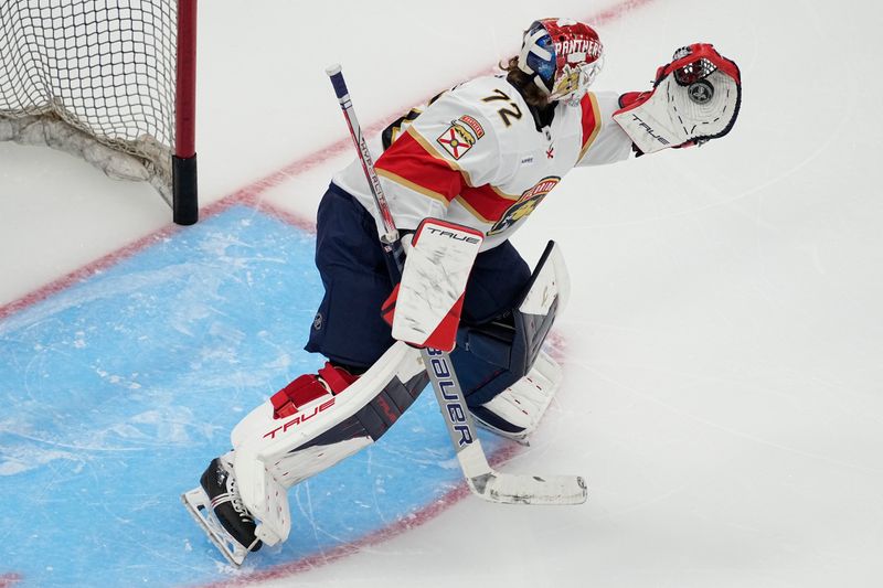 May 18, 2025; Toronto, Ontario, CAN; Florida Panthers goaltender Sergei Bobrovsky (72) makes a save during warm up before game seven of the second round of the 2025 Stanley Cup Playoffs against the Toronto Maple Leafs  at Scotiabank Arena. Mandatory Credit: John E. Sokolowski-Imagn Images