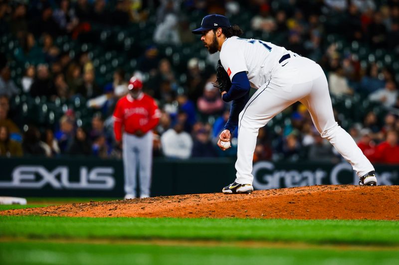 Apr 29, 2025; Seattle, Washington, USA; Seattle Mariners pitcher Andrés Muñoz (75) stands on the mound against the Los Angeles Angels during the ninth inning at T-Mobile Park. Mandatory Credit: Joe Nicholson-Imagn Images