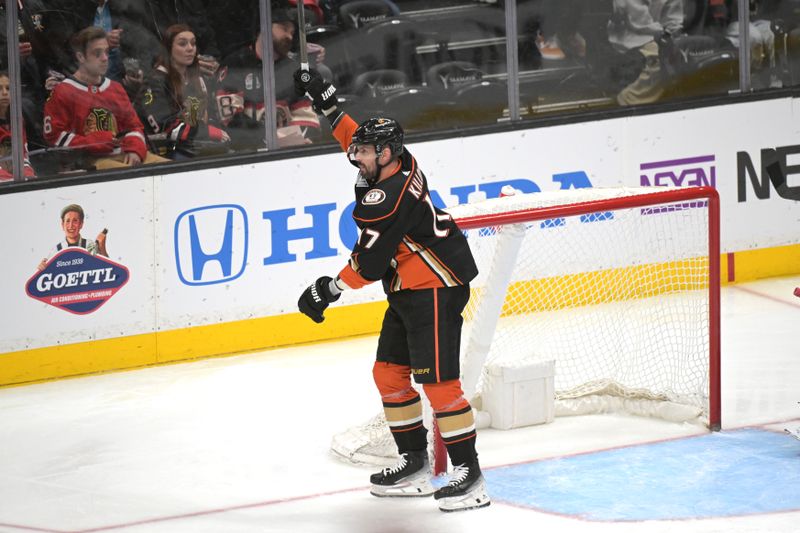 Mar 21, 2024; Anaheim, California, USA;  Anaheim Ducks left wing Alex Killorn (17) celebrates after scoring past Chicago Blackhawks goaltender Arvid Soderblom (40) in the second period at Honda Center. Mandatory Credit: Jayne Kamin-Oncea-USA TODAY Sports