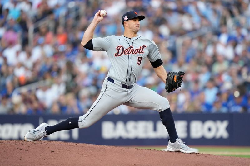 Jul 19, 2024; Toronto, Ontario, CAN; Detroit Tigers starting pitcher Jack Flaherty (9) pitches to the Toronto Blue Jays during the first inning at Rogers Centre. Mandatory Credit: John E. Sokolowski-USA TODAY Sports