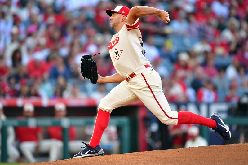 Jul 1, 2023; Anaheim, California, USA; Los Angeles Angels starting pitcher Tyler Anderson (31) throws against the Arizona Diamondbacks during the first inning at Angel Stadium. Mandatory Credit: Gary A. Vasquez-USA TODAY Sports