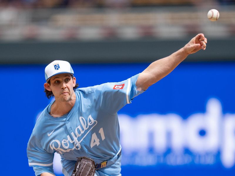 May 24, 2025; Minneapolis, Minnesota, USA; Kansas City Royals pitcher Daniel Lynch IV (41) pitches to Minnesota Twins pinch hitter Carlos Correa (4) in the ninth inning at Target Field. Mandatory Credit: Matt Blewett-Imagn Images