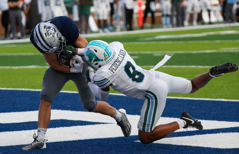 Oct 28, 2023; Houston, Texas, USA; Rice Owls wide receiver Luke McCaffrey (10) catches a touchdown pass against Tulane Green Wave safety Kam Pedescleaux (8) in the second half at Rice Stadium. Mandatory Credit: Thomas Shea-USA TODAY Sports