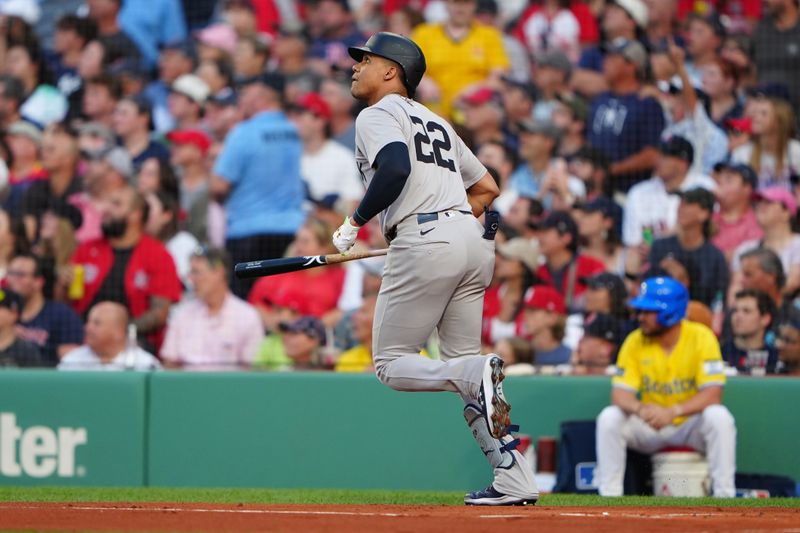 Jul 27, 2024; Boston, Massachusetts, USA; New York Yankees left fielder Juan Soto (22) watches his two-run home run against the Boston Red Sox during the first inning at Fenway Park. Mandatory Credit: Gregory Fisher-USA TODAY Sports