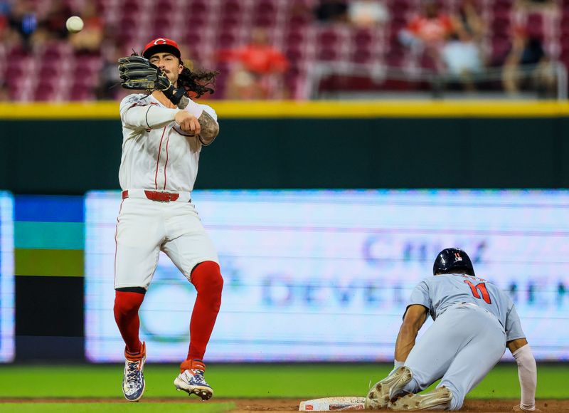 Aug 14, 2024; Cincinnati, Ohio, USA; Cincinnati Reds second baseman Jonathan India (6) throws to first in attempt to get St. Louis Cardinals shortstop Masyn Winn (not pictured) out in the seventh inning at Great American Ball Park. Mandatory Credit: Katie Stratman-USA TODAY Sports