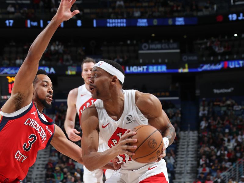 NEW ORLEANS, LA - FEBRUARY 5: Bruce Brown #11 of the Toronto Raptors drives to the basket during the game against the New Orleans Pelicans on February 5, 2024 at the Smoothie King Center in New Orleans, Louisiana. NOTE TO USER: User expressly acknowledges and agrees that, by downloading and or using this Photograph, user is consenting to the terms and conditions of the Getty Images License Agreement. Mandatory Copyright Notice: Copyright 2024 NBAE (Photo by Layne Murdoch Jr./NBAE via Getty Images)