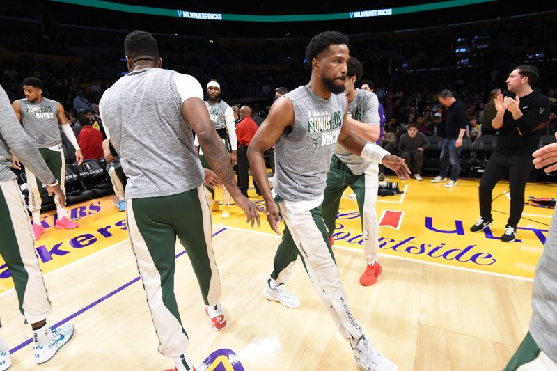 LOS ANGELES, CA - MARCH 8: Malik Beasley #5 of the Milwaukee Bucks is introduced before the game against the Los Angeles Lakers on March 8, 2024 at Crypto.Com Arena in Los Angeles, California. NOTE TO USER: User expressly acknowledges and agrees that, by downloading and/or using this Photograph, user is consenting to the terms and conditions of the Getty Images License Agreement. Mandatory Copyright Notice: Copyright 2024 NBAE (Photo by Andrew D. Bernstein/NBAE via Getty Images)