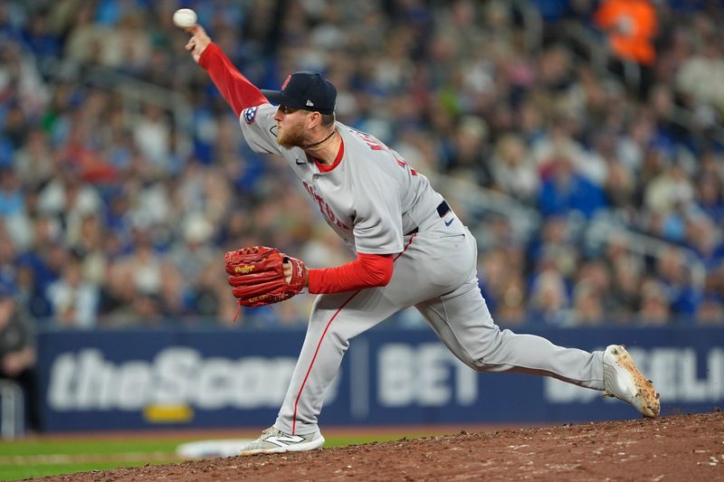 Sep 25, 2025; Toronto, Ontario, CAN; Boston Red Sox pitcher Zack Kelly (76) pitches to the Toronto Blue Jays during the sixth inning at Rogers Centre. Mandatory Credit: John E. Sokolowski-Imagn Images