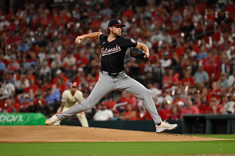 Jul 27, 2024; St. Louis, Missouri, USA; Washington Nationals starting pitcher Jake Irvin (27) throws against the St. Louis Cardinals during the first inning at Busch Stadium. Mandatory Credit: Jeff Le-USA TODAY Sports