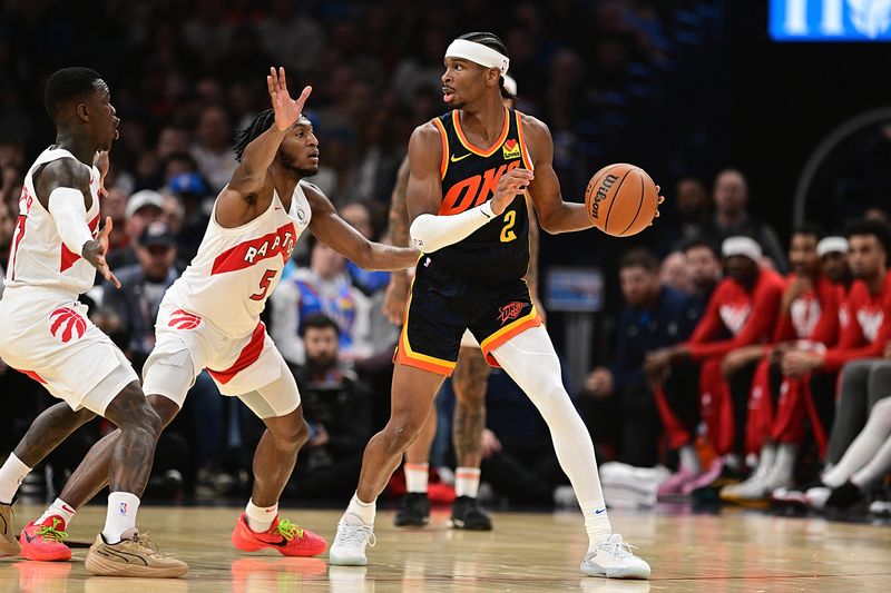 OKLAHOMA CITY, OKLAHOMA - FEBRUARY 4: Shai Gilgeous-Alexander #2 of the Oklahoma City Thunder handles the ball while being defended by Immanuel Quickley #5 of the Toronto Raptors during the first half at Paycom Center on February 4, 2024 in Oklahoma City, Oklahoma. NOTE TO USER: User expressly acknowledges and agrees that, by downloading and or using this Photograph, user is consenting to the terms and conditions of the Getty Images License Agreement. (Photo by Joshua Gateley/Getty Images)