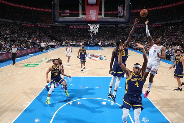 OKLAHOMA CITY, OK - DECEMBER 8: Jalen Williams #8 of the Oklahoma City Thunder shoots the ball during the game against the Golden State Warriors on December 8, 2023 at Paycom Arena in Oklahoma City, Oklahoma. NOTE TO USER: User expressly acknowledges and agrees that, by downloading and or using this photograph, User is consenting to the terms and conditions of the Getty Images License Agreement. Mandatory Copyright Notice: Copyright 2023 NBAE (Photo by Zach Beeker/NBAE via Getty Images)