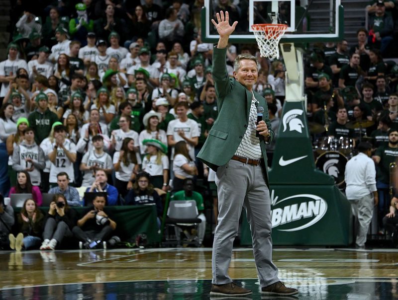 Mar 6, 2024; East Lansing, Michigan, USA;  Michigan State University’s 22nd president, Kevin Guskiewicz is introduced to the crowd at the Spartans’ game against the Northwestern Wildcats at Jack Breslin Student Events Center. Mandatory Credit: Dale Young-USA TODAY Sports