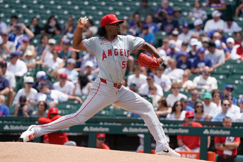 Jul 7, 2024; Chicago, Illinois, USA; Los Angeles Angels pitcher José Soriano (59) throws the ball against the Chicago Cubs during the first inning at Wrigley Field. Mandatory Credit: David Banks-USA TODAY Sports