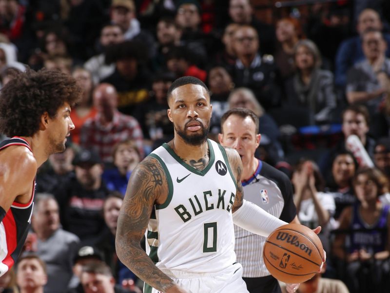 PORTLAND, OR - JANUARY 31:  Damian Lillard #0 of the Milwaukee Bucks handles the ball during the game  on January 31, 2024 at the Moda Center Arena in Portland, Oregon. NOTE TO USER: User expressly acknowledges and agrees that, by downloading and or using this photograph, user is consenting to the terms and conditions of the Getty Images License Agreement. Mandatory Copyright Notice: Copyright 2024 NBAE (Photo by Cameron Browne/NBAE via Getty Images)