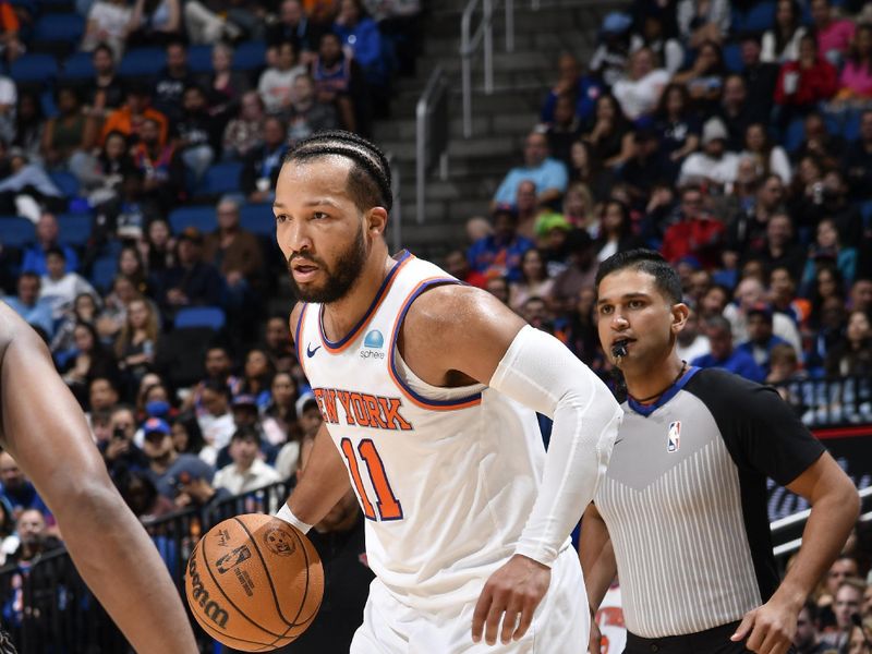 ORLANDO, FL - FEBRUARY 14: Jalen Brunson #11 of the New York Knicks dribbles the ball during the game against the Orlando Magic on February 14, 2024 at the Kia Center in Orlando, Florida. NOTE TO USER: User expressly acknowledges and agrees that, by downloading and or using this photograph, User is consenting to the terms and conditions of the Getty Images License Agreement. Mandatory Copyright Notice: Copyright 2024 NBAE (Photo by Fernando Medina/NBAE via Getty Images)