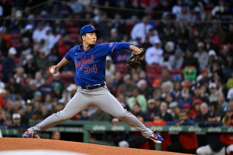 May 19, 2025; Boston, Massachusetts, USA; New York Mets relief pitcher Kodai Senga (34) pitches against the Boston Red Sox during the second inning at Fenway Park. Mandatory Credit: Eric Canha-Imagn Images