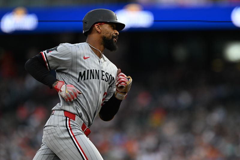 Jun 27, 2025; Detroit, Michigan, USA; Minnesota Twins center fielder Byron Buxton (25) rounds the bases after hitting a solo home run against the Detroit Tigers in the fifth inning at Comerica Park. Mandatory Credit: Lon Horwedel-Imagn Images