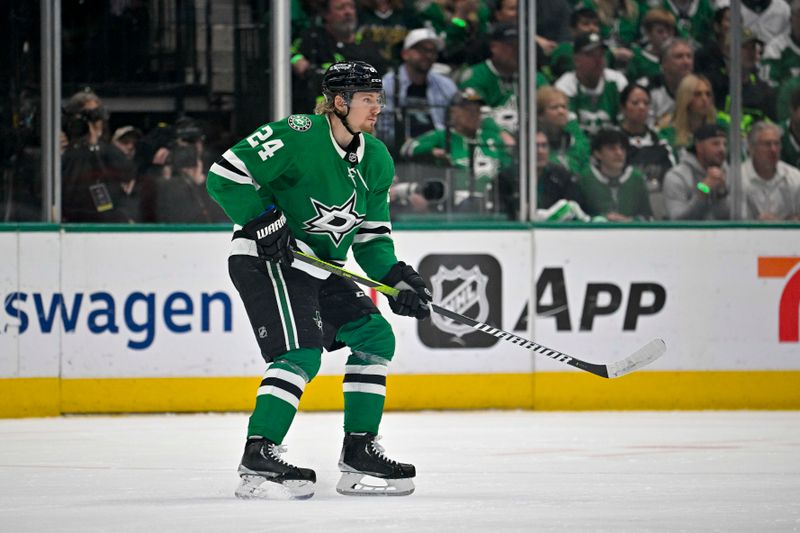 May 15, 2023; Dallas, Texas, USA; Dallas Stars center Roope Hintz (24) skates against the Seattle Kraken in the Seattle zone during the first period in game seven of the second round of the 2023 Stanley Cup Playoffs at the American Airlines Center. Mandatory Credit: Jerome Miron-USA TODAY Sports