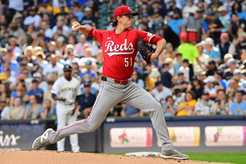Sep 28, 2025; Milwaukee, Wisconsin, USA;  Cincinnati Reds starting pitcher Brady Singer (51) throws against the Milwaukee Brewers in the first inning at American Family Field. Mandatory Credit: Benny Sieu-Imagn Images