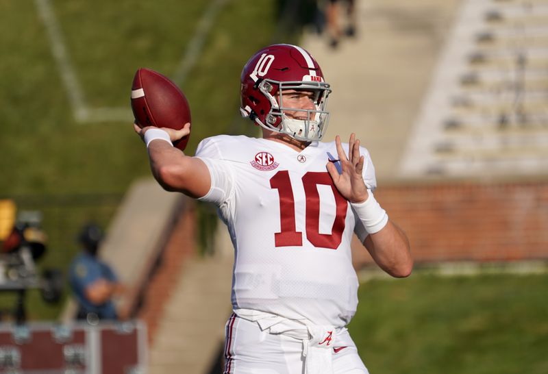 Sep 26, 2020; Columbia, Missouri, USA; Alabama Crimson Tide quarterback Mac Jones (10) warms up before the game against the Missouri Tigers at Faurot Field at Memorial Stadium. Mandatory Credit: Denny Medley-USA TODAY Sports