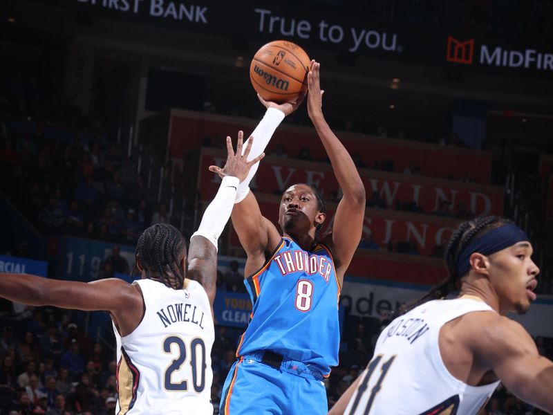 OKLAHOMA CITY, OK - NOVEMBER 13: Jalen Williams #8 of the Oklahoma City Thunder shoots the ball during the game =anp on November 13, 2024 at Paycom Center in Oklahoma City, Oklahoma. NOTE TO USER: User expressly acknowledges and agrees that, by downloading and or using this photograph, User is consenting to the terms and conditions of the Getty Images License Agreement. Mandatory Copyright Notice: Copyright 2024 NBAE (Photo by Nathaniel S. Butler/NBAE via Getty Images)