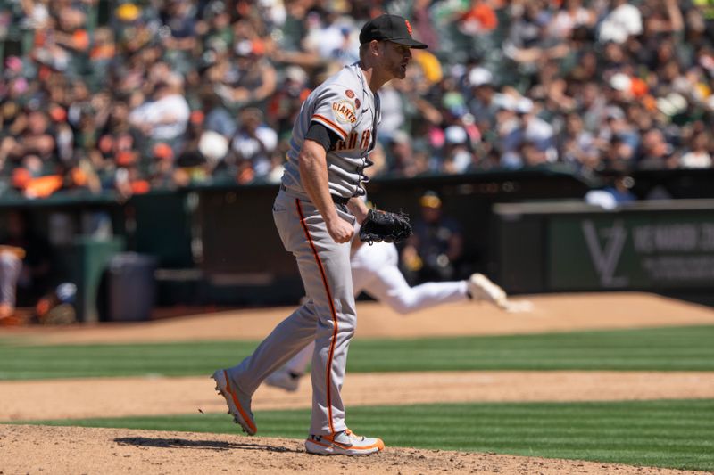 Aug 6, 2023; Oakland, California, USA;  San Francisco Giants starting pitcher Alex Cobb (38) reacts after Oakland Athletics shortstop Nick Allen (2) hits a solo home run during the fifth inning at Oakland-Alameda County Coliseum. Mandatory Credit: Stan Szeto-USA TODAY Sports