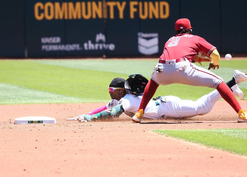 May 17, 2023; Oakland, California, USA; Oakland Athletics center fielder Esteury Ruiz (1) dives safely to second base before the ball reaches Arizona Diamondbacks shortstop Geraldo Perdomo (2) during the first inning at Oakland-Alameda County Coliseum. Mandatory Credit: Kelley L Cox-USA TODAY Sports