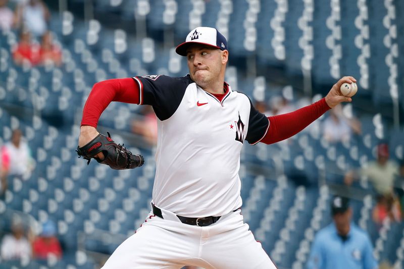 Jul 25, 2024; Washington, District of Columbia, USA; Washington Nationals starting pitcher Patrick Corbin (46) pitches against the San Diego Padres during the first inning at Nationals Park. Mandatory Credit: Geoff Burke-USA TODAY Sports