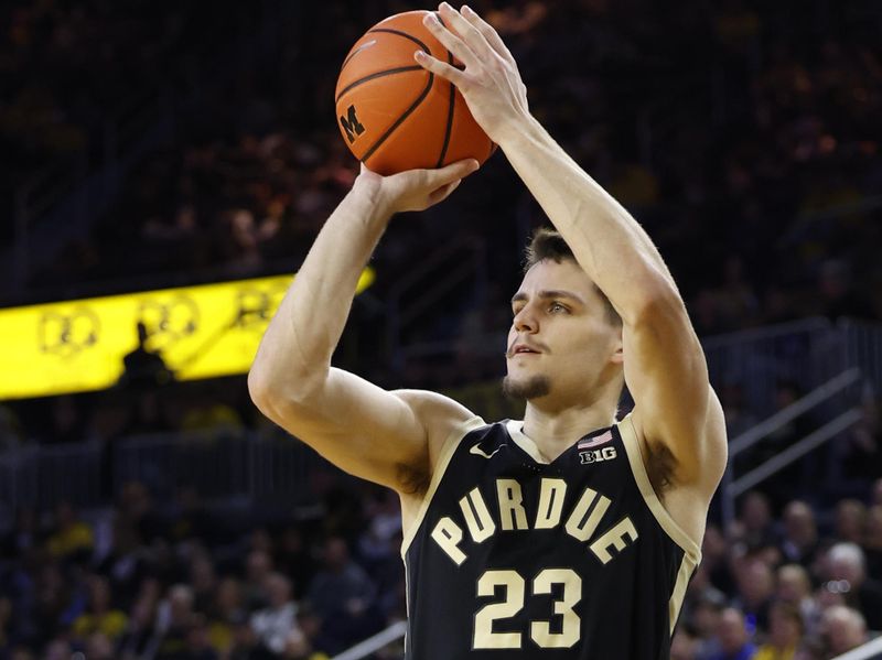 Feb 25, 2024; Ann Arbor, Michigan, USA;  Purdue Boilermakers forward Camden Heide (23) shoots in the second half against the Michigan Wolverines at Crisler Center. Mandatory Credit: Rick Osentoski-USA TODAY Sports