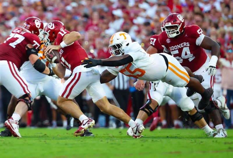 Sep 21, 2024; Norman, Oklahoma, USA;  Tennessee Volunteers defensive lineman Omarr Norman-Lott (55) dives for Oklahoma Sooners quarterback Jackson Arnold (11) during the first half at Gaylord Family-Oklahoma Memorial Stadium. Mandatory Credit: Kevin Jairaj-Imagn Images