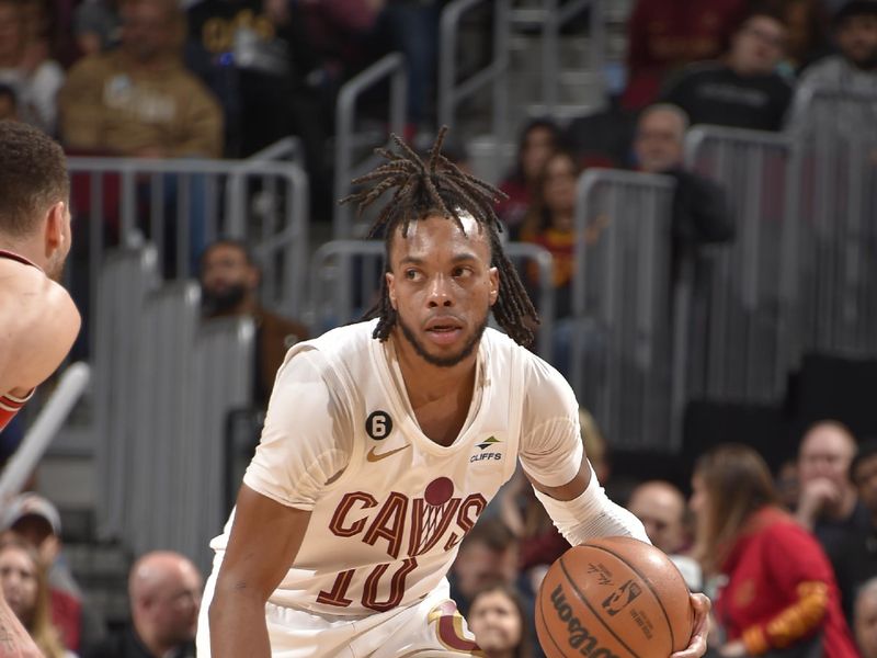 CLEVELAND, OH - FEBRUARY 11: Darius Garland #10 of the Cleveland Cavaliers dribbles the ball during the game against the Chicago Bulls on February 11, 2023 at Rocket Mortgage FieldHouse in Cleveland, Ohio. NOTE TO USER: User expressly acknowledges and agrees that, by downloading and/or using this Photograph, user is consenting to the terms and conditions of the Getty Images License Agreement. Mandatory Copyright Notice: Copyright 2023 NBAE (Photo by David Liam Kyle/NBAE via Getty Images)