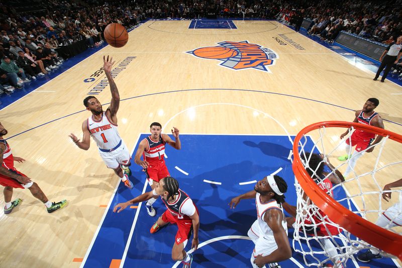 NEW YORK, NY - OCTOBER 9: Cameron Payne #1 of the New York Knicks drives to the basket during the game against the Washington Wizards during the 2024 NBA Preseason on October 9, 2024 at Madison Square Garden in New York City, New York.  NOTE TO USER: User expressly acknowledges and agrees that, by downloading and or using this photograph, User is consenting to the terms and conditions of the Getty Images License Agreement. Mandatory Copyright Notice: Copyright 2024 NBAE  (Photo by Nathaniel S. Butler/NBAE via Getty Images)