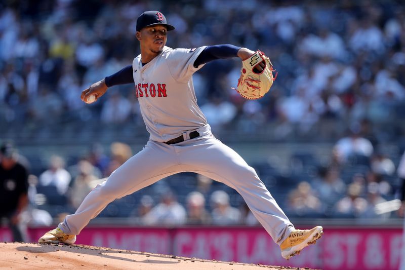 Sep 14, 2024; Bronx, New York, USA; Boston Red Sox starting pitcher Brayan Bello (66) pitches against the New York Yankees during the first inning at Yankee Stadium. Mandatory Credit: Brad Penner-Imagn Images