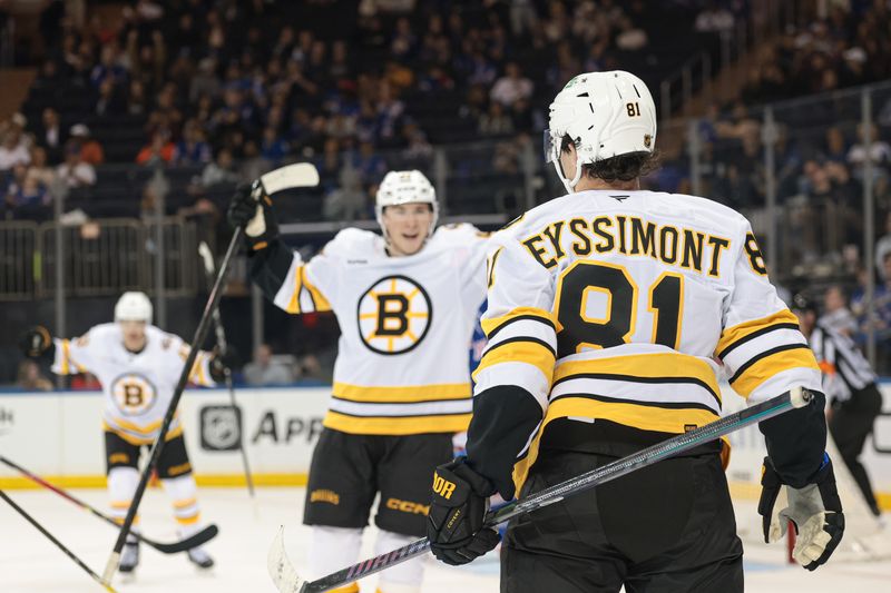 Sep 23, 2025; New York, New York, USA; Boston Bruins center Michael Eyssimont (81) celebrates after scoring his second goal of the game against the New York Rangers during the third period of a preseason game at Madison Square Garden. Mandatory Credit: Vincent Carchietta-Imagn Images