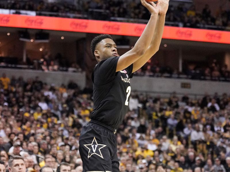 Jan 7, 2023; Columbia, Missouri, USA; Vanderbilt Commodores guard Noah Shelby (2) shoots a three point shot against the Missouri Tigers during the second half at Mizzou Arena. Mandatory Credit: Denny Medley-USA TODAY Sports