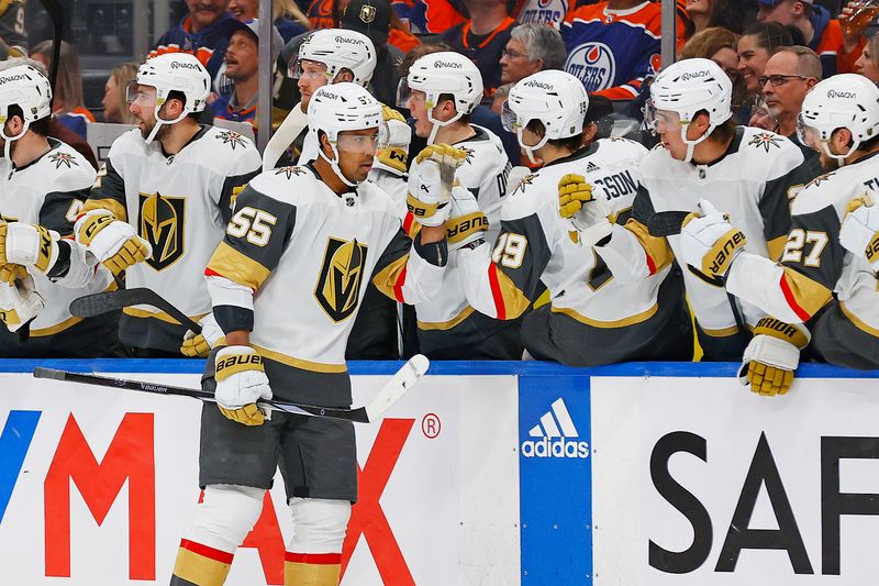 Apr 10, 2024; Edmonton, Alberta, CAN; The Vegas Golden Knights celebrate a goal by forward Keegan Kolesar (55) during the third period against the Edmonton Oilers at Rogers Place. Mandatory Credit: Perry Nelson-USA TODAY Sports