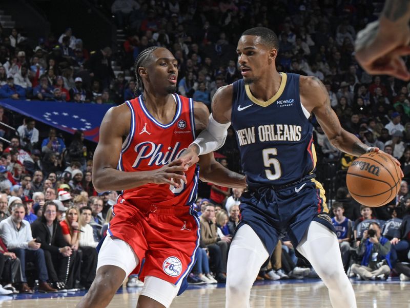 PHILADELPHIA, PA - JANUARY 10: Dejounte Murray #5 of the New Orleans Pelicans dribbles the ball during the game against the Philadelphia 76ers on January 10, 2025 at the Wells Fargo Center in Philadelphia, Pennsylvania NOTE TO USER: User expressly acknowledges and agrees that, by downloading and/or using this Photograph, user is consenting to the terms and conditions of the Getty Images License Agreement. Mandatory Copyright Notice: Copyright 2025 NBAE (Photo by David Dow/NBAE via Getty Images)