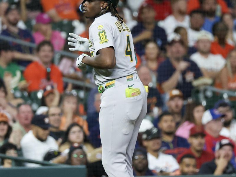 May 27, 2025; Houston, Texas, USA; Athletics right fielder Lawrence Butler (4) reacts to his home run against the Houston Astros in the fourth inning at Daikin Park. Mandatory Credit: Thomas Shea-Imagn Images