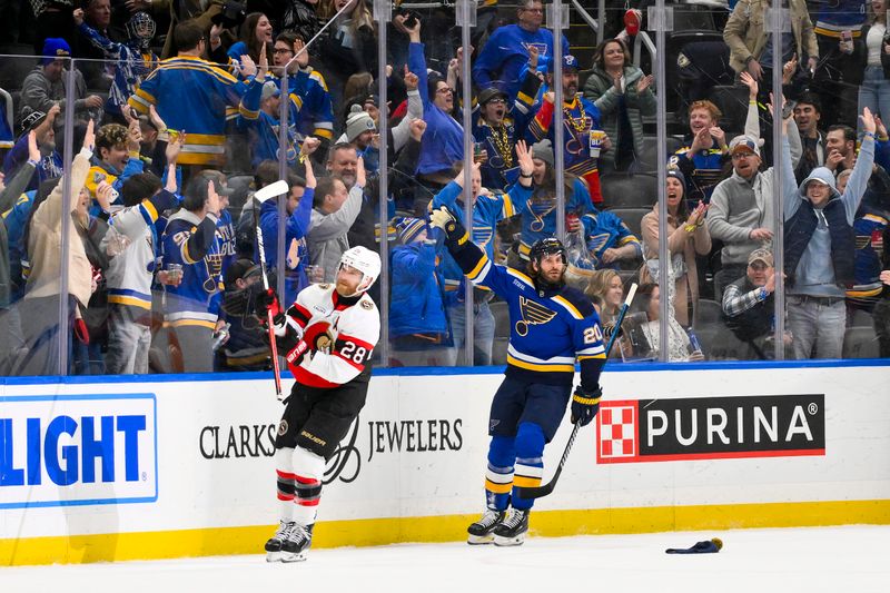 Jan 3, 2025; St. Louis, Missouri, USA;  St. Louis Blues left wing Brandon Saad (20) reacts after scoring his third goal for a hat trick against the Ottawa Senators during the third period at Enterprise Center. Mandatory Credit: Jeff Curry-Imagn Images