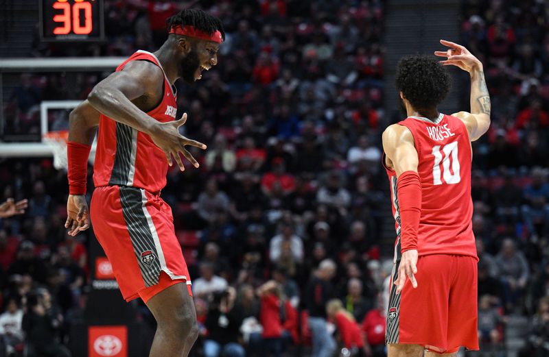 Jan 14, 2023; San Diego, California, USA; New Mexico Lobos guard Jaelen House (10) celebrates with forward Morris Udeze (left) after a three-point basket against the San Diego State Aztecs during the second half at Viejas Arena. Mandatory Credit: Orlando Ramirez-USA TODAY Sports