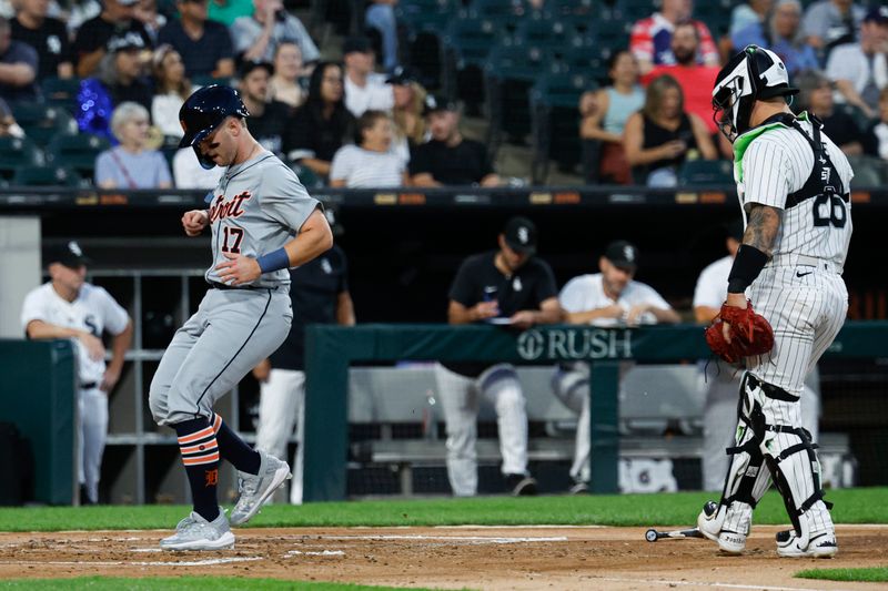 Aug 23, 2024; Chicago, Illinois, USA; Detroit Tigers second baseman Jace Jung (17) scores against the Chicago White Sox during the second inning at Guaranteed Rate Field. Mandatory Credit: Kamil Krzaczynski-USA TODAY Sports