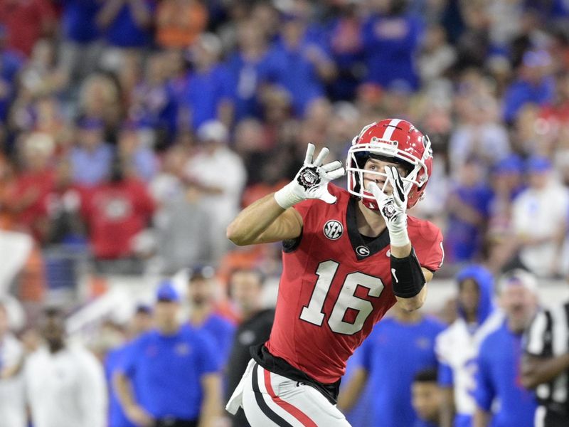 Nov 2, 2024; Jacksonville, Florida, USA; Georgia Bulldogs wide receiver London Humphreys (16) catches a pass against the Florida Gators during the second half at EverBank Stadium. Mandatory Credit: Melina Myers-Imagn Images